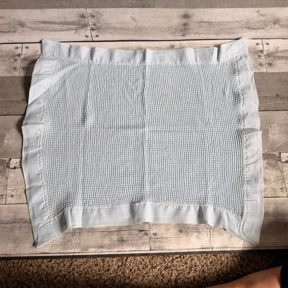 Vintage Morgan Mini Light Blue Waffle Knit Baby Blanket Satin Trim
